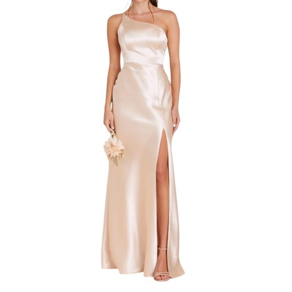 Birdy Grey Kensie Shiny Chanpagne One Shoulder Full Length Dress Small NWT - Picture 1 of 14